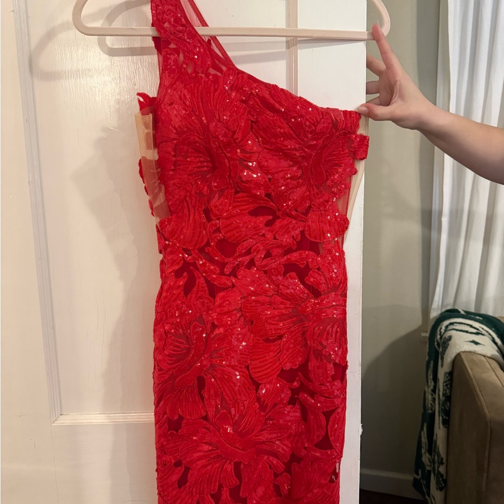 Jovani One Shoulder Red Floral Lace Dress - Picture 1 of 3